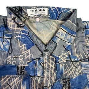 THAI SILK By Apple Shirt Men’s Short Sleeve Button Front Sz. M Blue Gray Black